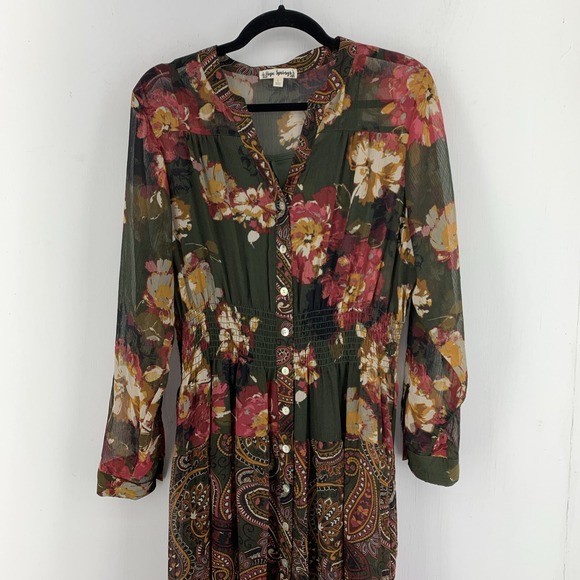 Peasant Prairie Women Large Maxi Dress Tiered Smocked Cottage Paisley Floral - Picture 2 of 7